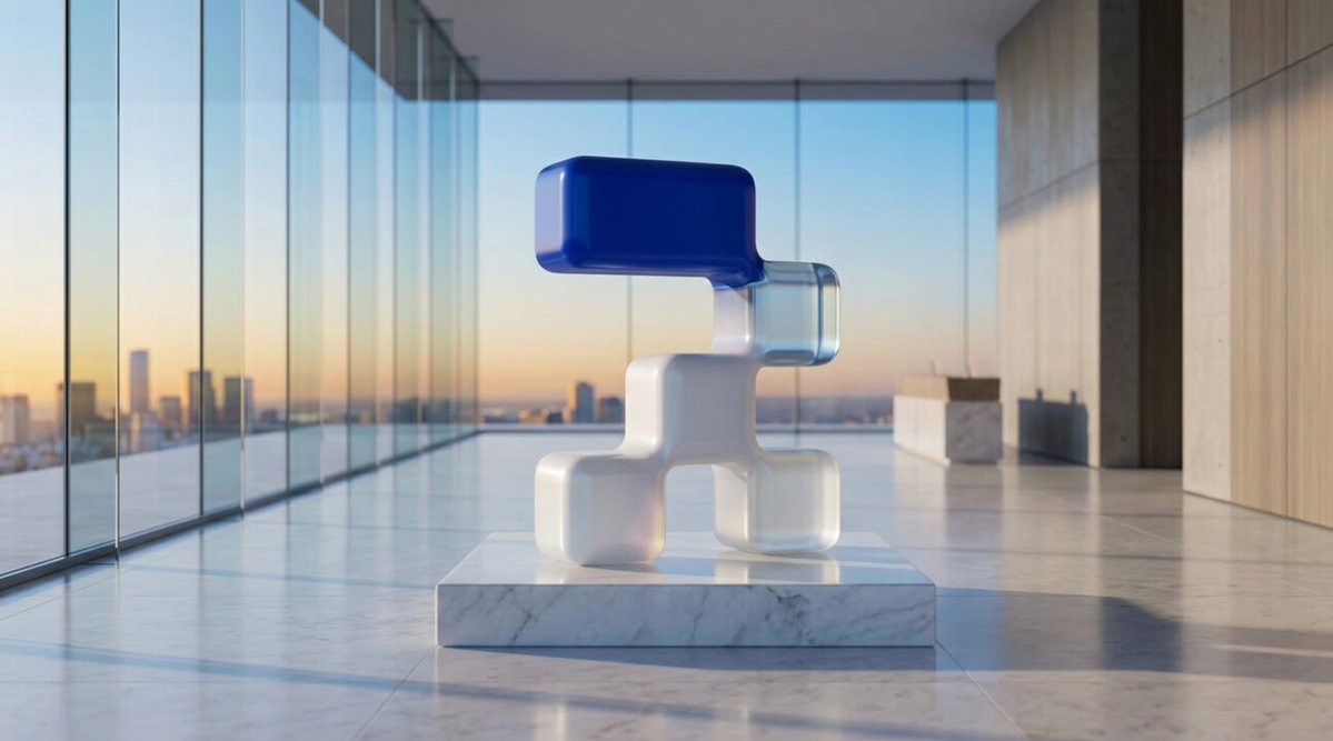The image features a modern, minimalist room with large windows that allow natural light to flood the space. In the center of the room stands an abstract sculpture made up of multiple cubes painted in blue and white colors. The sculpture appears to be floating or suspended in mid-air, creating a sense of depth and dimension within the room.