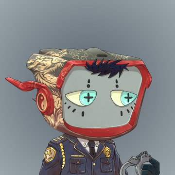 A digital illustration depicts a robot-like character with a flat-screen TV for a head displaying cross-eyed pupils, wearing a decorated military uniform.