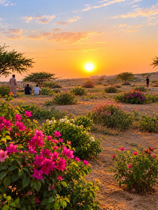 A sunset scene over a desert landscape with vibrant pink and white bougainvillea flowers in the foreground, while a few people relax in the distance under the golden sky.