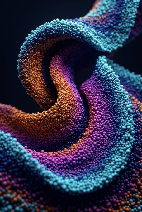 An abstract 3D render of a twisted, swirling form composed of countless small spheres in vibrant blue, orange, and purple colors against a dark background.
