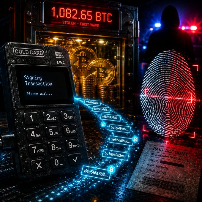 A digital illustration depicting a cryptocurrency hack, showing a Cold Card Mk4 hardware wallet, Bitcoin coins, a digital fingerprint scan, and a red display reading '1,082.65 BTC STOLEN - FIRST WAVE'.