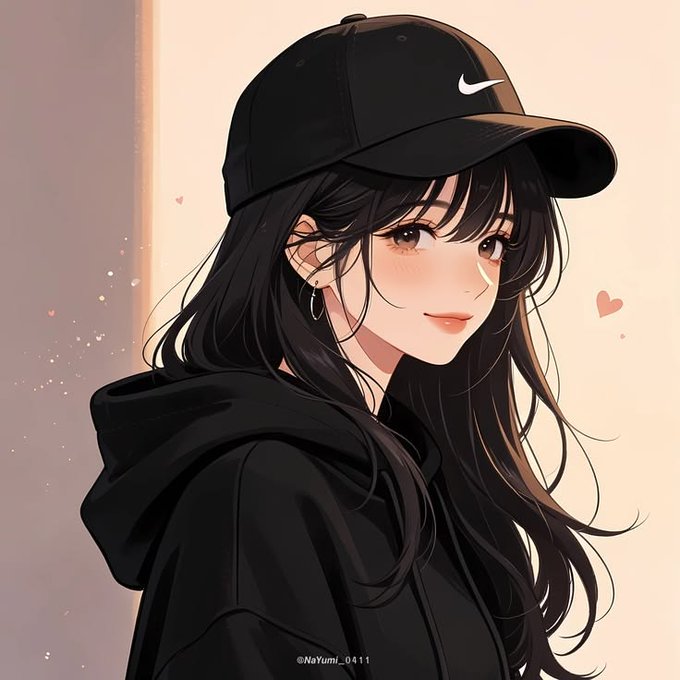 An anime-style illustration features a smiling young woman with long flowing black hair, wearing a black Nike baseball cap with the recognizable white swoosh logo, a black hoodie, and a small hoop earring, set against a soft beige background decorated with tiny floating hearts. The watermark "@NoYumi_0411" appears at the bottom of the artwork. The image relates to the post as a casual, stylish avatar-like portrait that conveys a friendly "Happy Friday" vibe to accompany the announcement about Sleepagotchi's expansion into a broader health-focused AI platform under Gotchi Labs.