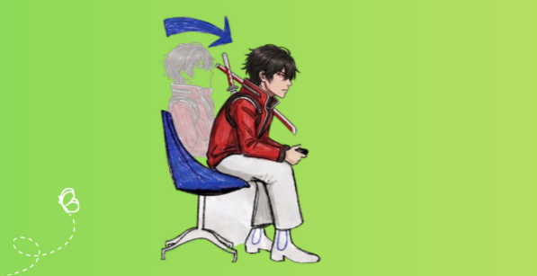 Illustration of a dark-haired anime character in a red jacket sitting in a chair against a green background, with a faded ghostly figure of another character behind him and a blue arrow above his head.