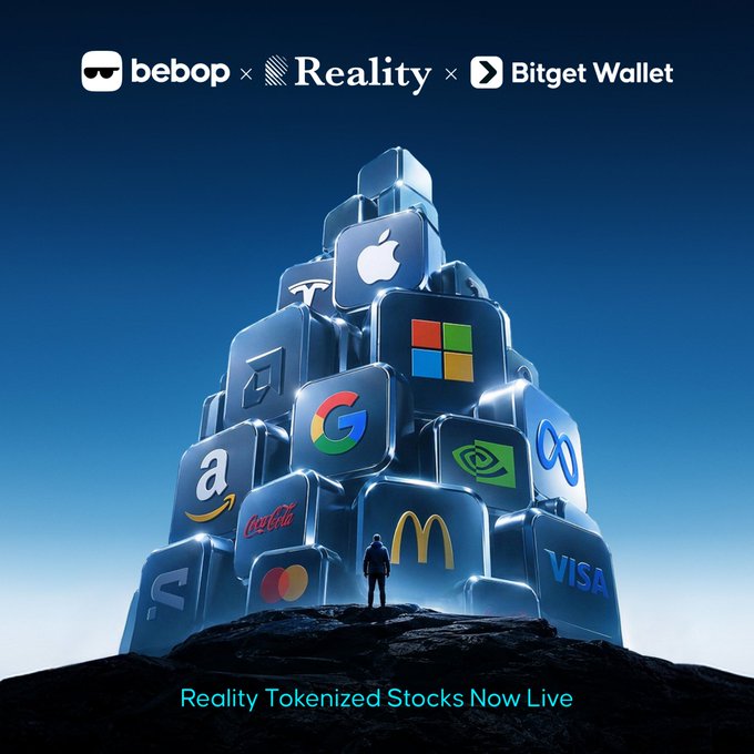 A promotional advertisement for Bebop × Reality × Bitget Wallet announcing 'Reality Tokenized Stocks Now Live,' featuring a tower of 3D cubes displaying logos of major brands including Apple, Google, Microsoft, Amazon, Coca-Cola, McDonald's, Tesla, Visa, Mastercard, and Nvidia, with a silhouetted figure standing at the base.