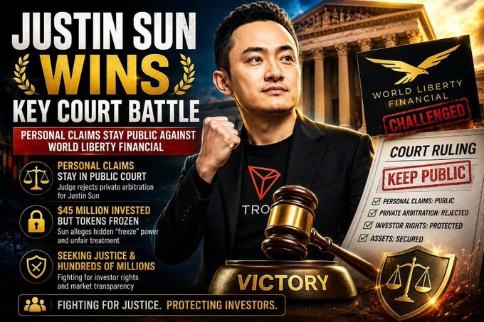 A promotional graphic reading 'JUSTIN SUN WINS KEY COURT BATTLE' against World Liberty Financial, highlighting that personal claims stay public, $45 million tokens were frozen but not used, with 'VICTORY' displayed prominently.