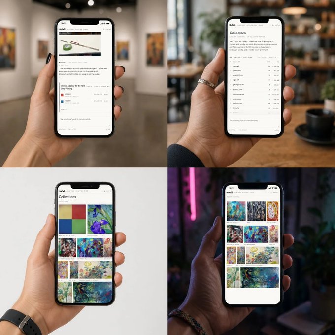 A collage of four photos showing hands holding smartphones displaying an NFT marketplace app with collections, digital artwork galleries, and trading interfaces.