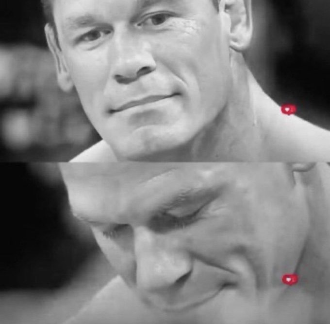 A black and white split image displays a man's face looking forward in the top half and looking down with a distressed expression in the bottom half, with small red heart icons on the right side of each panel.