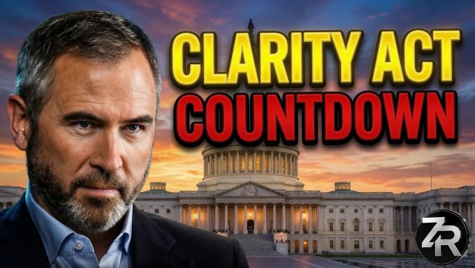 This thumbnail shows a man and the US Capitol building with text that reads "CLARITY ACT COUNTDOWN" and a logo "ZR". This visually connects to the post's mention of "drama in DC" and implies the countdown relates to potential regulatory clarity for Ripple and XRP.