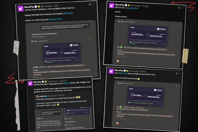 Collage of social media posts from MoonPay celebrating their partnership with PayBox, showing various cryptocurrency transactions.