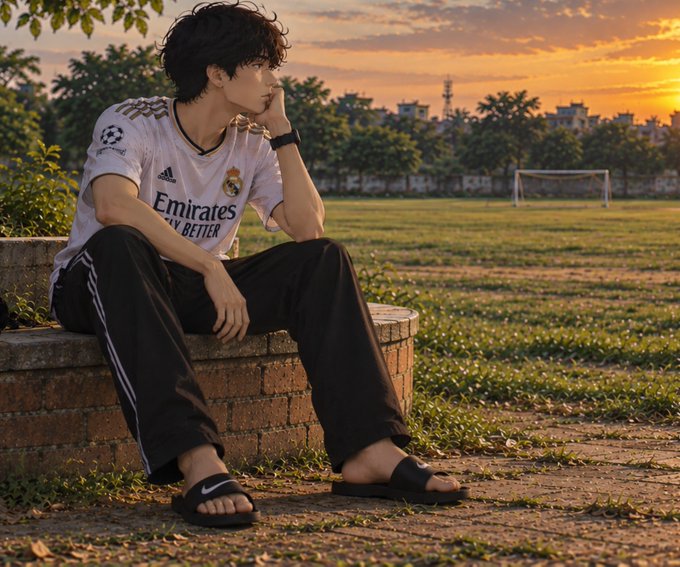 A young man wearing a Real Madrid jersey with "Emirates" sponsorship, black track pants, and Nike slide sandals, sitting contemplatively on a brick structure with a soccer goal and trees in the background at sunset.