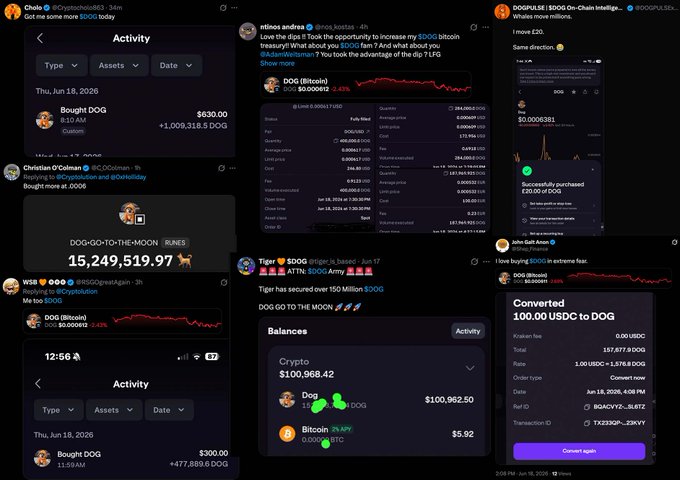 The image features a collage of various social media posts, including photos and text, related to cryptocurrency trading. The posts are arranged in a grid format with four rows and six columns. Some of the posts include information about Bitcoin transactions, while others discuss the value of Bitcoins or the conversion process from USDC to Bitcoin. The posts also contain mentions of people like @Cryptocholo863, @nos_kostas, @DOGPULSExbt, and @RSGOgreatAgain, which are likely users or followers of the cryptocurrency community.