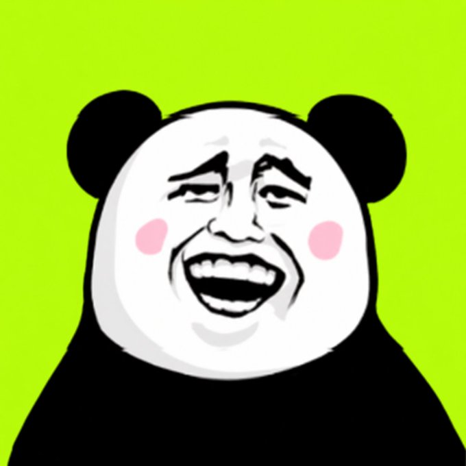 A cartoon illustration features a panda's head with a human-like, exaggerated laughing face showing pink blushing cheeks and a wide open mouth, set against a bright green background.