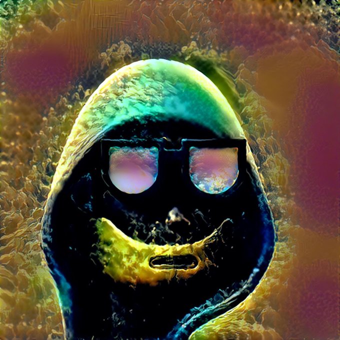 A surreal, colorful AI-generated artwork featuring a dark humanoid figure wearing sunglasses with a green hood and yellow-gloved mouth area against a textured multicolor background.