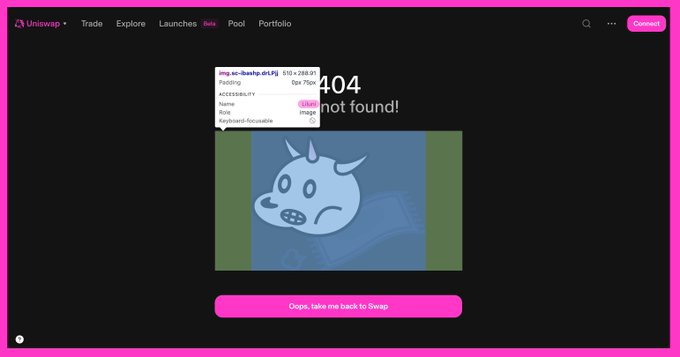 A Uniswap 404 error page displaying "404 not found!" alongside an illustration of a sad cow with horns and a button reading "Oops, take me back to Swap." The image humorously reflects the accompanying post's theme of exploring experimental Uniswap V4 hook projects (like $FWA, $IMD, $V4), as the broken page symbolizes the nascent, often-in-progress nature of these onchain innovations.