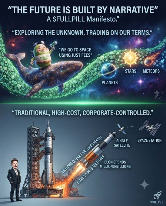 A $FULLPILL manifesto graphic contrasting "traditional, high-cost, corporate-controlled" space travel (depicting Elon Musk and expensive rockets) with decentralized crypto-funded space exploration using just fees to reach planets, stars, and meteors.