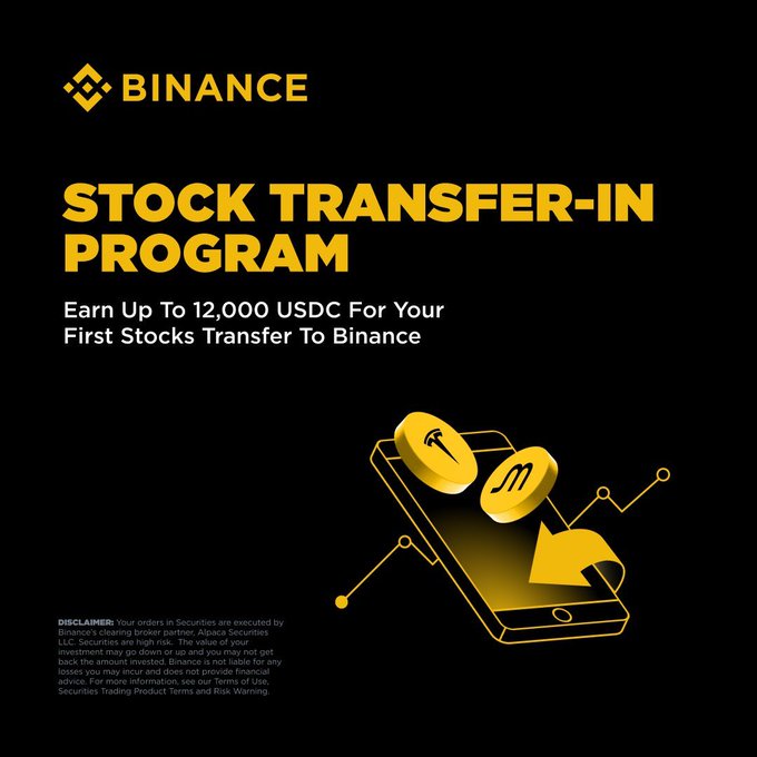 A Binance promotional graphic advertising their "Stock Transfer-In Program," offering up to 12,000 USDC for first-time stock transfers to the platform, accompanied by an illustration of gold coins with a hammer and lowercase "m" symbol. The image aligns with the message that users can transfer their stocks normally while receiving fee reimbursements, though a disclaimer notes that transfers are executed by Alpaca Securities LLC and securities may lose value.