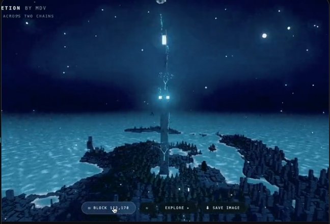 A dark, atmospheric video game scene showing a tower on an island at night with the text 'CREATION BY MDV ACROSS TWO CHAINS' in the corner and UI elements showing 'BLOCK 113,178', 'EXPLORE', and 'SAVE IMAGE'.