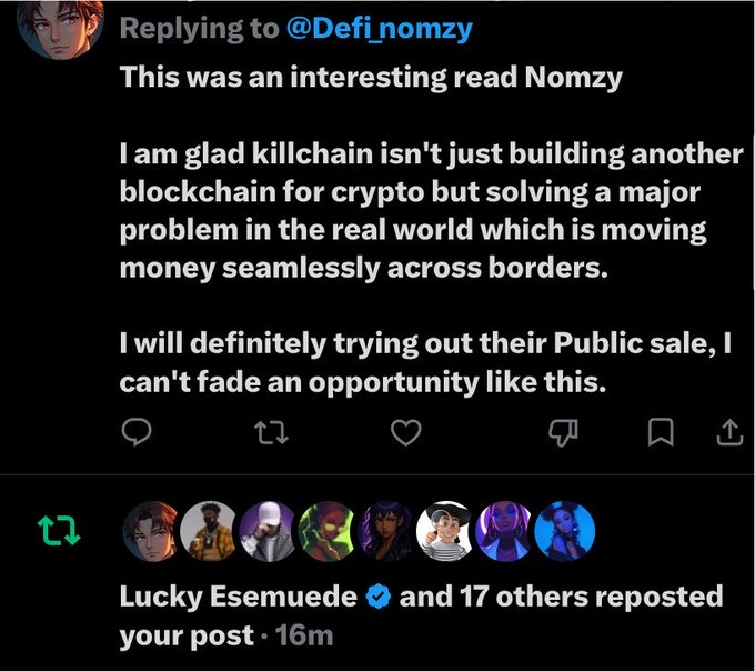 A tweet reply praising 'killchain' for solving real-world money transfer problems, with a retweet notification showing 'Lucky Esemuede' and 17 others.