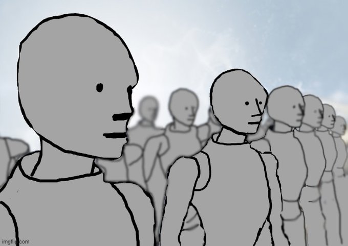 A drawing of identical, featureless gray humanoid figures with mustaches and goatees standing in a line against a sky background, with the imgflip.com watermark.