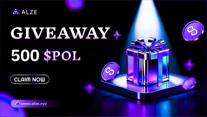 A promotional banner for 'ALZE' announces a giveaway of '500 $POL' with a 'CLAIM NOW' button, featuring a purple gift box and floating coins under a spotlight.
