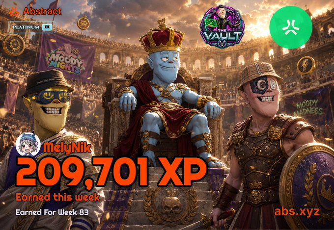 An Abstract XP card for user melyNik (Platinum tier) shows 209,701 XP earned for Week 83, featuring cartoon characters in a gladiator/colosseum setting.