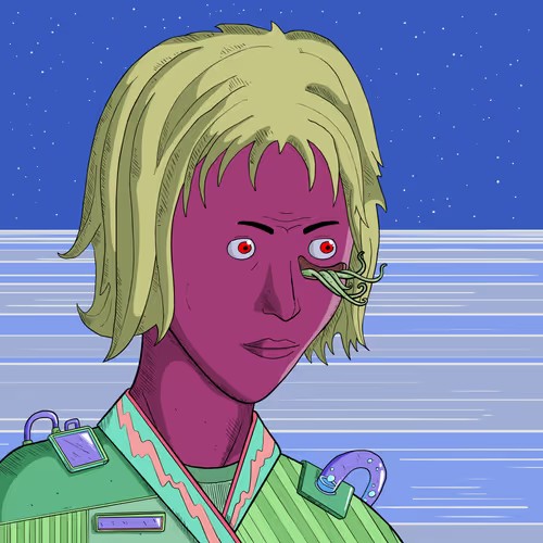 A digital portrait of a blonde-haired character with purple skin, red eyes, and a green and pink outfit, set against a starry night background.