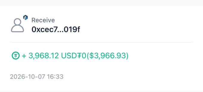 A Robinhood transaction receipt showing a Receive transfer of 3,968.12 USDT (~$3,966.93) from address 0xcec7...019f, dated 2026-10-07 16:33.