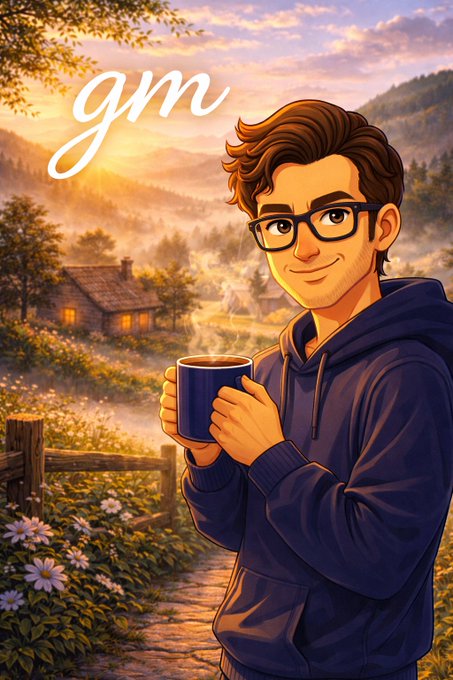 An illustrated young man with glasses holds a steaming mug in a scenic countryside setting at sunrise, with the letters 'gm' written in script above.