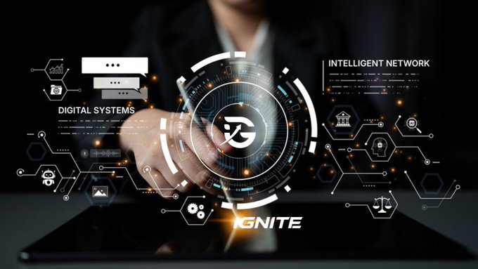 A person interacts with a futuristic digital interface displaying holographic icons labeled 'DIGITAL SYSTEMS', 'INTELLIGENT NETWORK', and 'IGNITE' with a justice scale symbol.