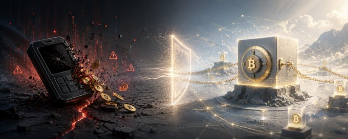 A shattered hardware wallet on the left—surrounded by warning symbols and scattering Bitcoin coins—faces off against a fortified, chained crypto vault on the right, visually capturing the contrast between the recent $110 million Coldcard security breach and the broader resilience of secure cold storage.