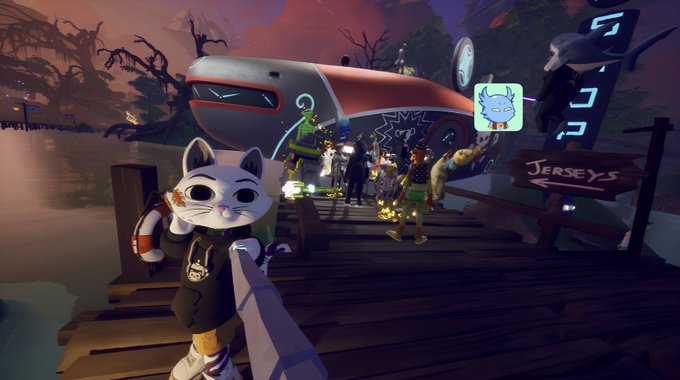 The image features a group of people standing around, with one person wearing a black shirt holding up a sign that says "jersey's". The scene takes place near a pier or dock area where several boats are docked. There is also an unusual object in the background - a large whale-shaped boat painted in red and white colors. A cat character can be seen standing on the dock, possibly observing the situation around it.