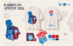 A graphic design layout titled 'RABBITS ON APEFEST 2026' displaying t-shirt designs featuring stylized blue and red ape graphics.