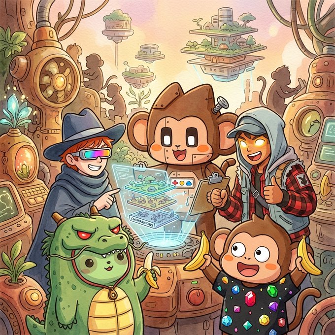 A colorful cartoon-style illustration of various characters including a wizard with VR goggles, a monkey with a hammer, a hooded figure, a dinosaur in a hoodie, and a smaller monkey wearing gems, set in a fantasy/sci-fi landscape.