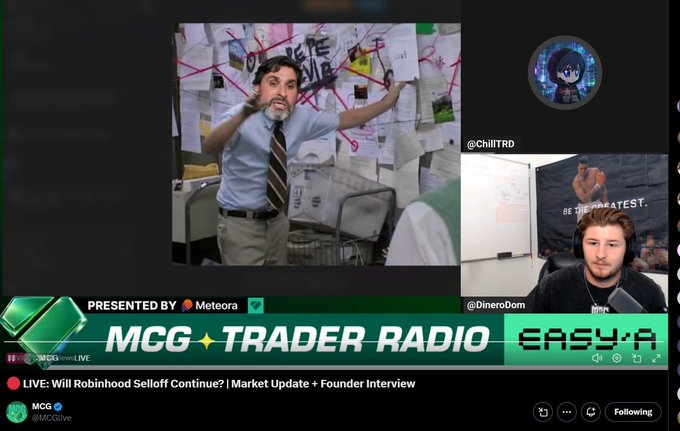 Twitter/X live stream titled 'MCG TRADER RADIO' featuring a video about 'Will Robinhood Selloff Continue? | Market Update + Founder Interview' presented by Meteora with hosts ChilITRD and DineroDom.