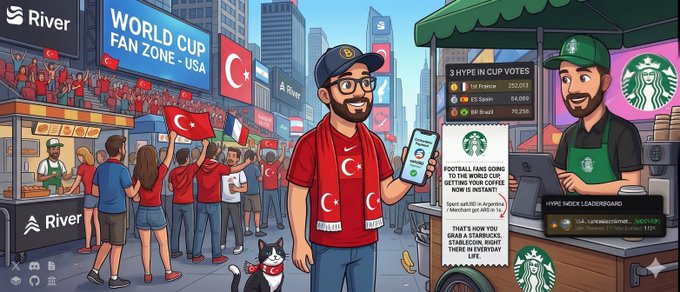 The image features a cartoon man holding up his phone, which has a message about the World Cup. The text on the phone reads "3 in 1s! Football fans heading to watch the World Cup now carry the speed of the River ecosystem with them when grabbing their coffees". This message is related to the post because it encourages people to use their phones and social media to share information or experiences related to the World Cup. The image also includes a reference to the River ecosystem, which adds an interesting detail about the context in which this message is being shared.