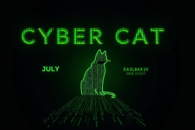 A glowing green digital silhouette of a sitting cat composed of code and text appears centered against a black background, with "CYBER CAT" displayed in bright green pixelated letters above and "JULY" alongside the ticker "EAYLBAA1V / DRED SCVRTC" below, visually representing the mascot for a monthly meme token drop in the SOLMEME ecosystem.