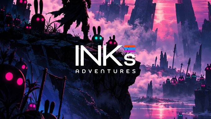 The title screen for the video game 'INKS. ADVENTURES' featuring a silhouetted warrior and bunny-like creatures with glowing pink eyes set against a purple and pink fantasy landscape.
