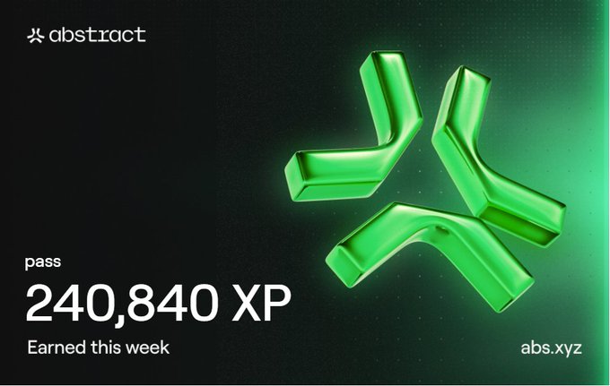 A digital graphic from the Abstract app showing a green 3D star-like icon alongside the text 'pass 240,840 XP Earned this week'.