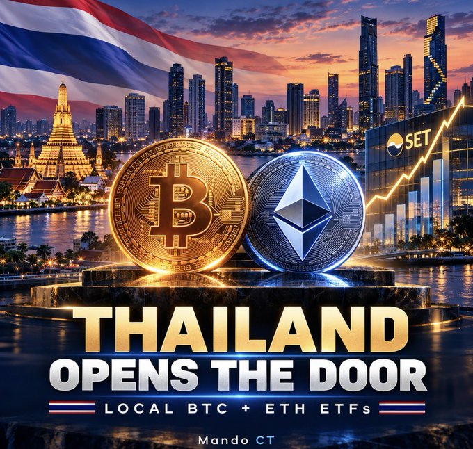 The image depicts a promotional graphic with a Thai flag waving over Bangkok's illuminated skyline, featuring golden Bitcoin and silver Ethereum coins in the foreground, accompanied by the text "THAILAND OPENS THE DOOR - LOCAL BTC + ETH ETFs" alongside the SET (Stock Exchange of Thailand) logo and an upward-trending chart. The visual reinforces the post's announcement about Thailand's SEC approving regulations for locally listed Bitcoin and Ethereum ETFs starting October 16, symbolizing the country's growing embrace of cryptocurrency investment vehicles.
