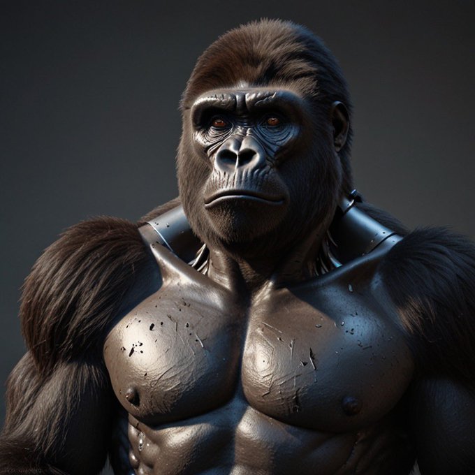 A hyper-realistic 3D rendering of a muscular gorilla with dark fur, wearing metallic armor plating across its chest and shoulders, set against a dark background.