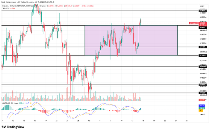 A TradingView chart showing Bitcoin (BTC) price action on Binance Futures, displaying candlesticks, a highlighted pink rectangular zone, and a MACD indicator at the bottom.