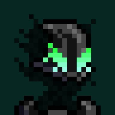 A pixel art character portrait featuring dark hair and striking glowing green eyes against a dark green background.