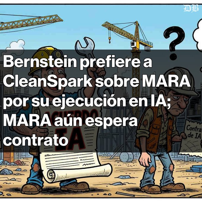 A cartoon-style illustration of two construction workers with Spanish text overlay stating 'Bernstein prefiere a CleanSpark sobre MARA por su ejecución en IA; MARA aún espera contrato A'.
