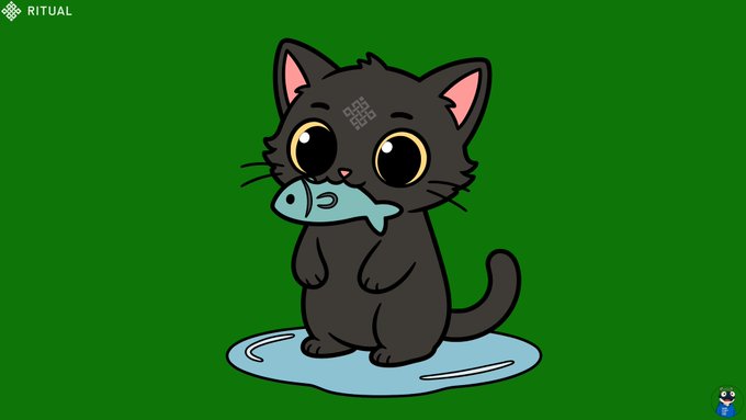 An illustration of a black cartoon cat with big eyes holding a blue fish in its mouth, sitting on a green background with a small puddle, featuring a 'RITUAL' logo in the top left corner.