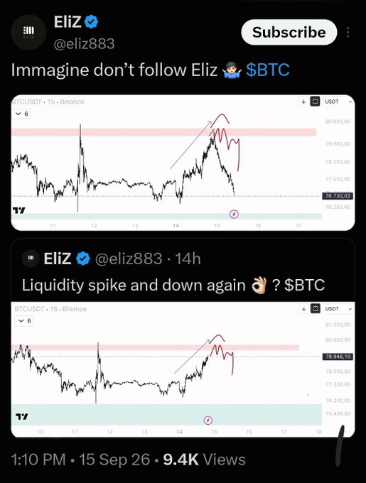 The image shows two screenshots from a Twitter/X post by user "Eliz (@eliz83)" displaying BTC/USDT 15-minute charts from Binance, with annotations highlighting a liquidity spike and price drop pattern, alongside text like "Larp is larping hard" and "Liquidity spike and down again ✋? $BTC" posted at 1:10 PM on Sep 15 with 9.4K views, suggesting the charts are being shared to call out or expose someone allegedly misrepresenting trading results.