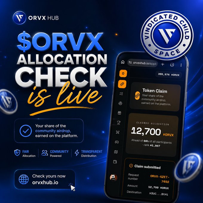 The image is a promotional graphic from Orvex Hub announcing that "$ORVX ALLOCATION CHECK is live," showing a user interface screenshot displaying a claimed allocation of 12,700 $ORVX tokens (ahead of 98% of participants, rank #1,807) with a submitted claim for 12,700 $ORVX tokens. The graphic also features the "Vindicated Child Space" seal and directs users to orvxhub.io to check their community airdrop share, aligning with the post's message about users verifying their $ORVX allocations at orvexhub.io/app/claim.