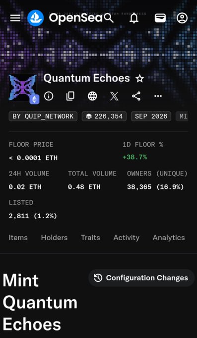 A screenshot of the OpenSea NFT collection page for "Quantum Echoes" by QUIP_NETWORK displays post-mint statistics, including 226,354 items, a floor price under 0.0001 ETH with a 38.7% 1D floor increase, 0.48 ETH total volume, 2,811 listed (1.2%), and 38,365 unique owners (16.9%), all highlighted by a "Configuration Changes" label confirming the mint's closure as described.
