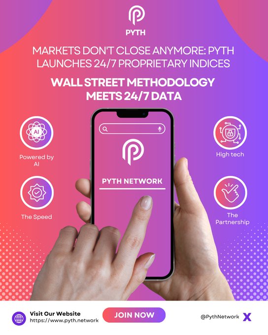 The image features a person holding up their phone displaying an app called "Pyth" along with some icons related to the app's functionality. The background of the image is purple, pink, and white, which complements the colors used on the poster for the app. The text in the image reads, "markets don't close anymore: Pyth launches 24/7 proportional indices Wall Street Methodology meets 24/7 data". This message highlights the app's purpose to provide information about markets and their performance.
