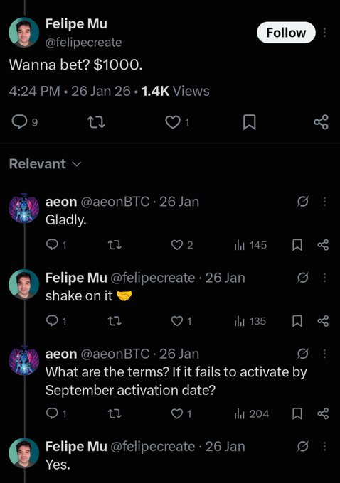 The image shows a tweet from Felipe Mu (@felipecrate) proposing a $1000 bet, with user @aeonBTC accepting, and terms being discussed around a "September activation date." This exchange of accountability—where two accounts publicly commit to a wager with clear terms and a deadline—embodies the post's theme of "Accountability" by demonstrating how putting stakes and timelines on the line creates mutual responsibility.
