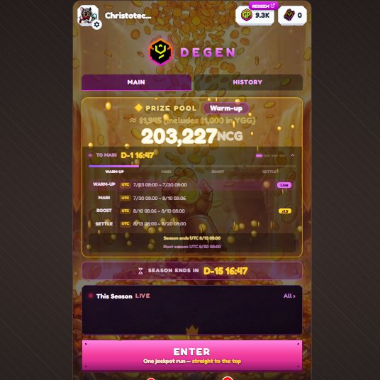 A mobile screenshot of a crypto gambling platform called DEGEN, showing a 'Warm-up' prize pool of 203,227 NCG (~$1,248, includes $1,500 in YGG) with schedule details and a countdown timer (D-15 16:47).